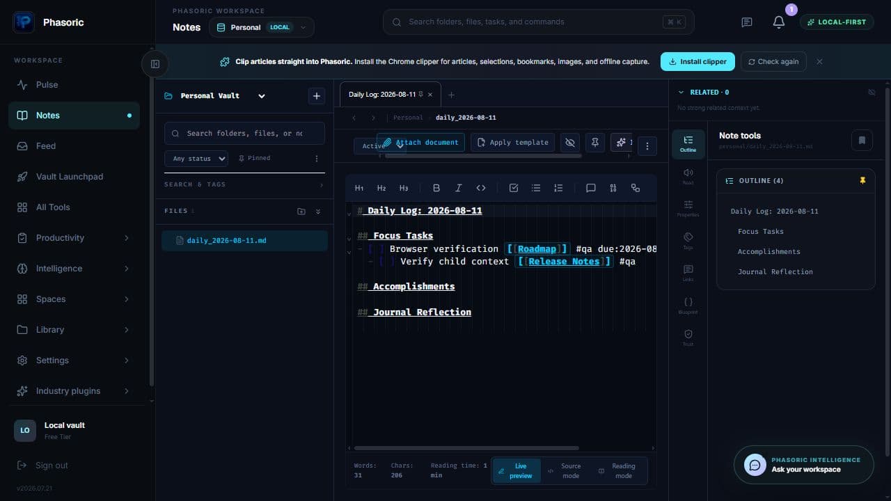 Phasoric example workspace with local notes, a Markdown editor, and connected note tools.
